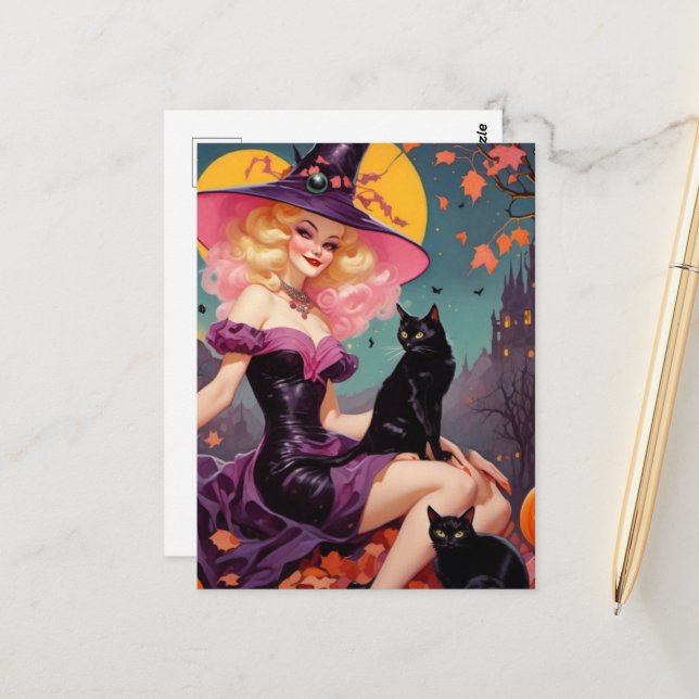 Postal Una bruja con sus gatos negros (Anverso/Reverso In Situ)