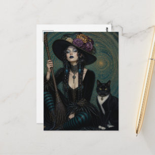 Postal Una bruja hermosa y su gato blanco y negro