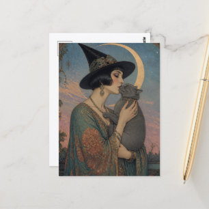 Postal Una bruja hermosa y su gato gris