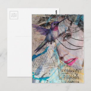 Postal Una cara y un colibrí Abstracto Collage de Medios