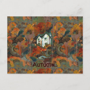 Postal Una Casa Blanca y árboles otoñales