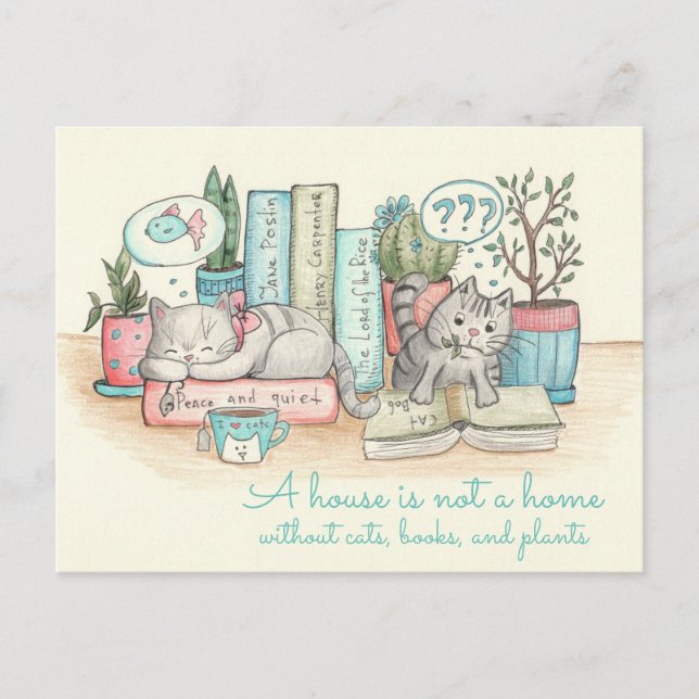 Postal Una casa no es un hogar sin gatos, libros y... (Anverso)