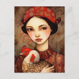 Postal Una Chica con su Mascota Pollo Ai Art
