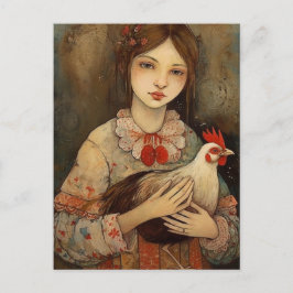 Postal Una Chica con su Mascota Pollo Ai Art