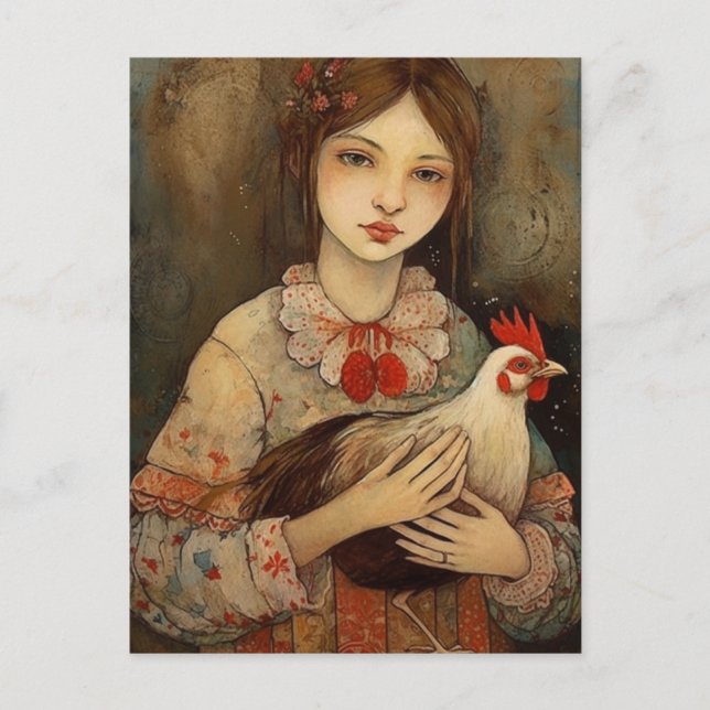 Postal Una Chica con su Mascota Pollo Ai Art (Anverso)
