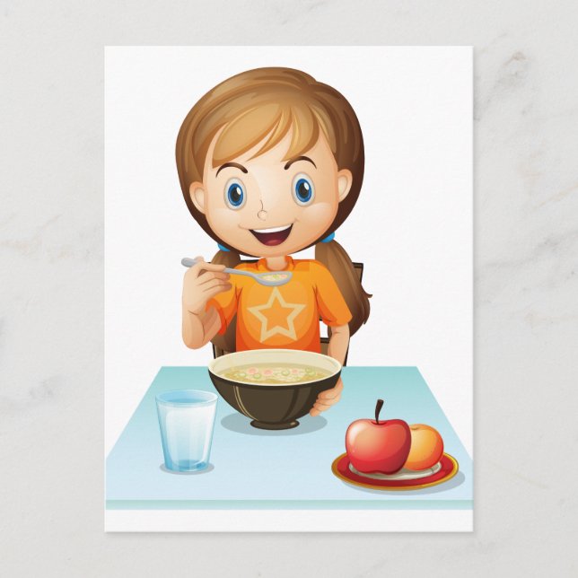 Postal Una chica sonriente comiéndose el desayuno (Anverso)