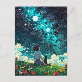 Postal una chica y su gato se sientan juntos en un campo 