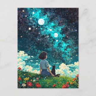 Postal una chica y su gato se sientan juntos en un campo