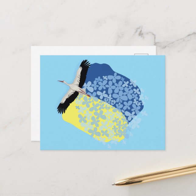 Postal Una cigüeña lleva una bandera ucraniana (Anverso/Reverso In Situ)