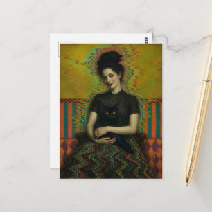 Postal Una dama con un gato negro Arte Glitch