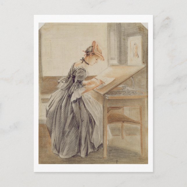 Postal Una dama copiando en una tabla de dibujo, c.1760-7 (Anverso)