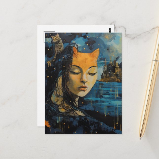 Postal Una dama de gato en la ciudad (Anverso/Reverso In Situ)