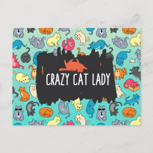 Postal Una dama de gato loca adorable y un patrón de gato