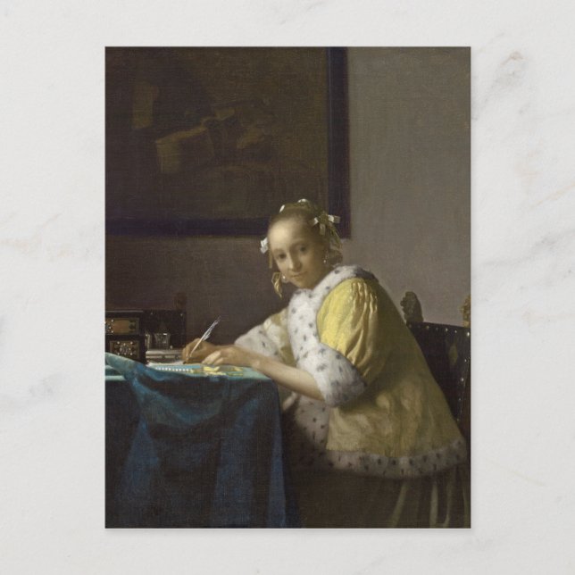 Postal Una dama escribiendo, c. 1665 (aceite sobre lienzo (Anverso)