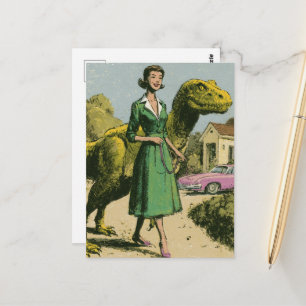 Postal Una dama retro pasea a su dinosaurio verde mascota