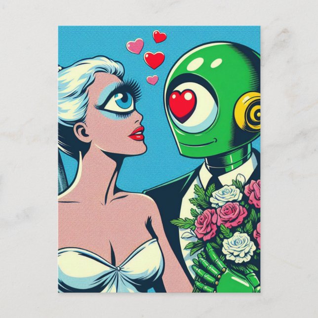 Postal Una extranjera con ojos y un robot verde enamorado (Anverso)