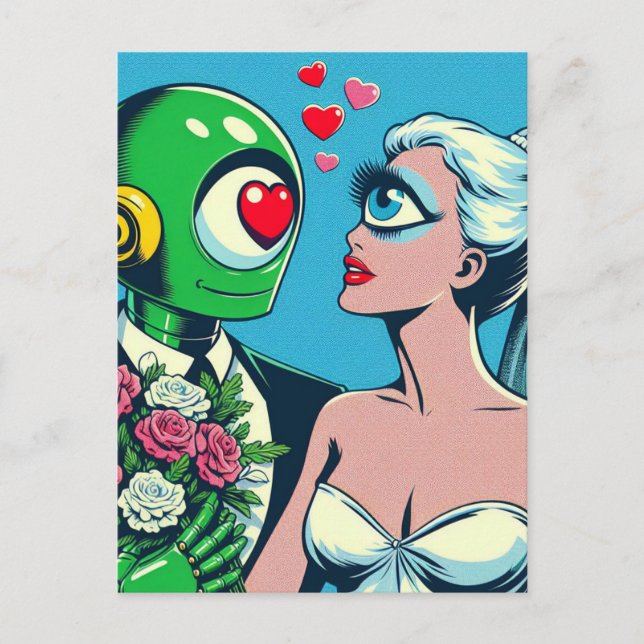 Postal Una extranjera con ojos y un robot verde enamorado (Anverso)