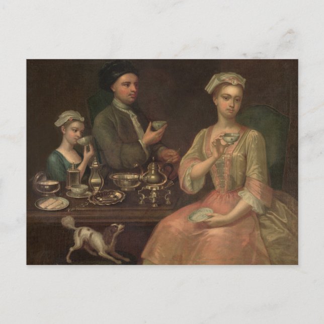 Postal Una familia de tres en el té, c.1727 (Anverso)