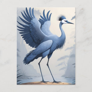 Postal Una grúa azul de pie con las alas extendidas