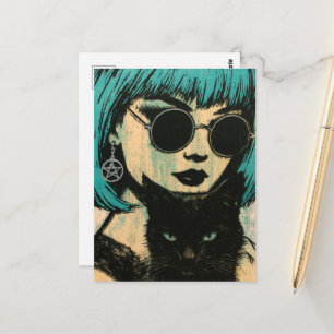 Postal Una hermosa bruja con su gato negro