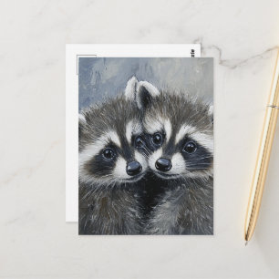 Postal Una Hermosa y Linda Pareja de Bebés Mapaches
