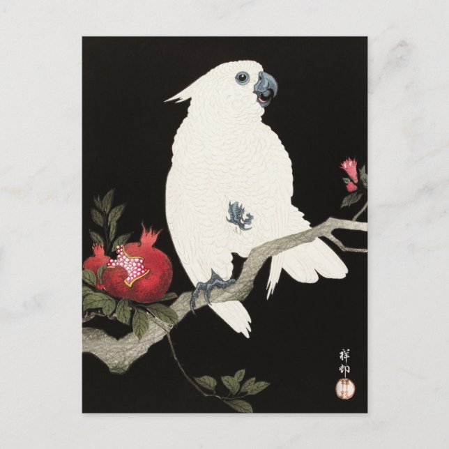 Postal Una huella de un loro dibujado por Ohara Koson (Anverso)