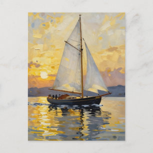 Postal Una ilustración en impasto de un velero al atardec