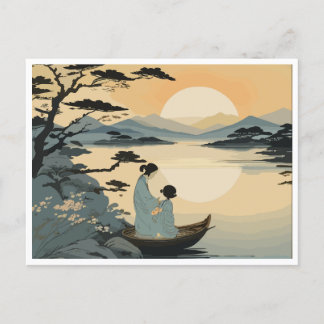 Postal Una madre y un niño abrazan el atardecer
