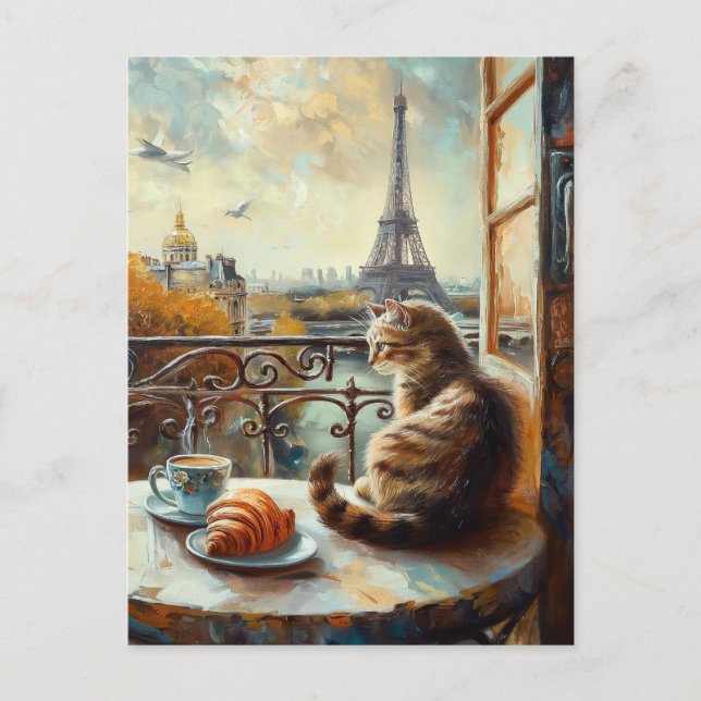 Postal Una mañana en París | Gato de jengibre en un café (Anverso)