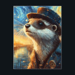 Postal Una manteca de vapor en la noche estrellada<br><div class="desc">IA generó arte de una nutria en una ciudad estrellada a lo largo de un río con un traje y un gorra de vapor</div>