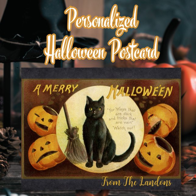 Postal Una merry Halloween Black Cat Personalizado Vintag (A Merry Halloween Black Cat Custom Vintage Postcard - Personalize by adding your name(s).)