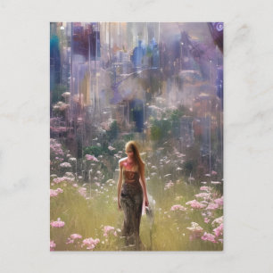 Postal Una mujer abstracta en un campo floral