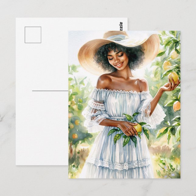 Postal Una mujer afroamericana sonriendo en un campo de l (Anverso / Reverso)