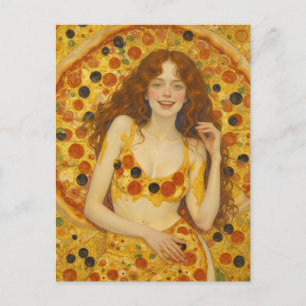 Postal Una mujer alegre con vestido de pizza