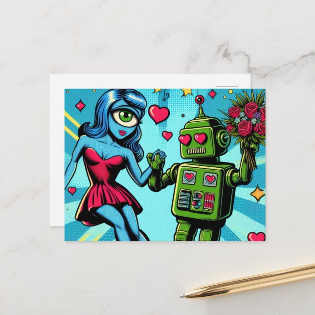 Postal Una mujer alienígena azul y un robot verde (Anverso/Reverso In Situ)