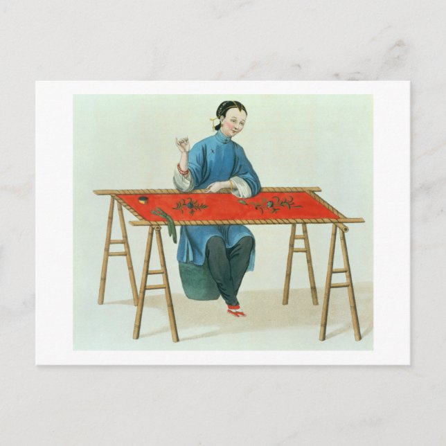 Postal Una mujer bordando, plato 41 de 'The Costume o (Anverso)