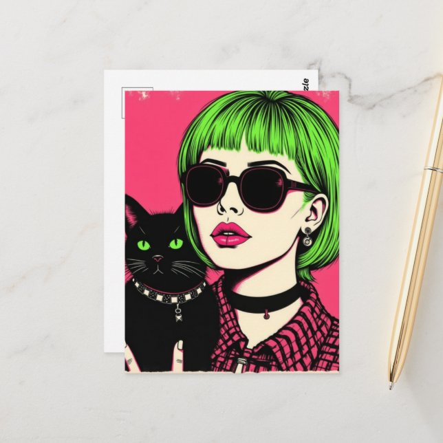Postal Una mujer con cabello de lima y su gato negro  (Anverso/Reverso In Situ)