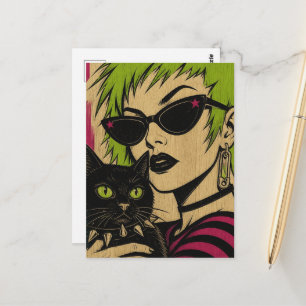 Postal Una mujer con cabello de lima y su gato negro en g
