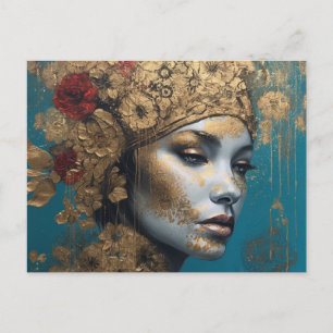 Postal Una mujer con oro y flores