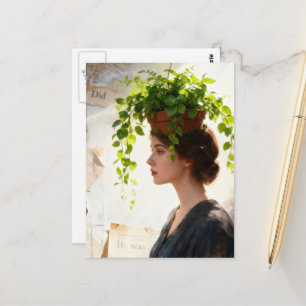 Postal Una mujer con una planta de interior en la cabeza