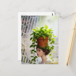 Postal Una mujer con una planta de interior en su cabeza