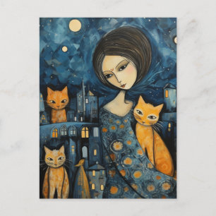 Postal Una mujer en la ciudad por la noche con sus gatos