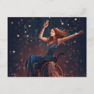 Postal Una mujer en silla de ruedas baila feliz