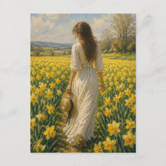 Postal Una mujer en un campo de narcisos por M. Laplante