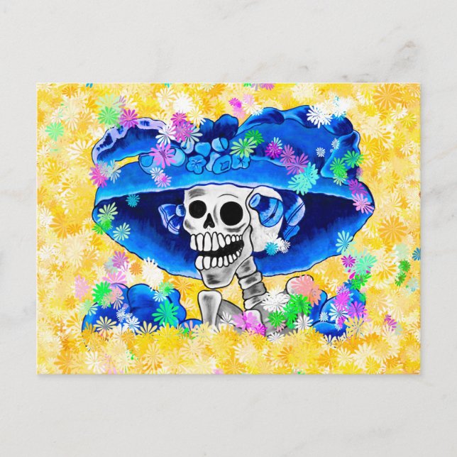 Postal Una mujer esqueleto riéndose con un bonnet azul en (Anverso)