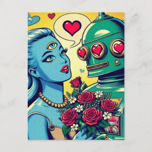 Postal Una mujer extranjera y un robot enamorados retro c