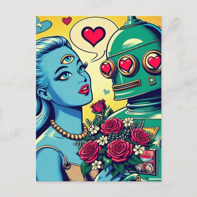 Postal Una mujer extranjera y un robot enamorados retro c (Anverso)