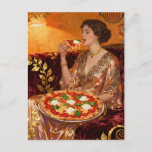 Postal Una mujer hermosa comiendo pizza