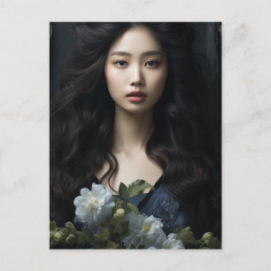 Postal Una mujer hermosa con el pelo largo negro y flores