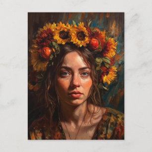 Postal Una mujer hermosa con girasoles en el cabello
